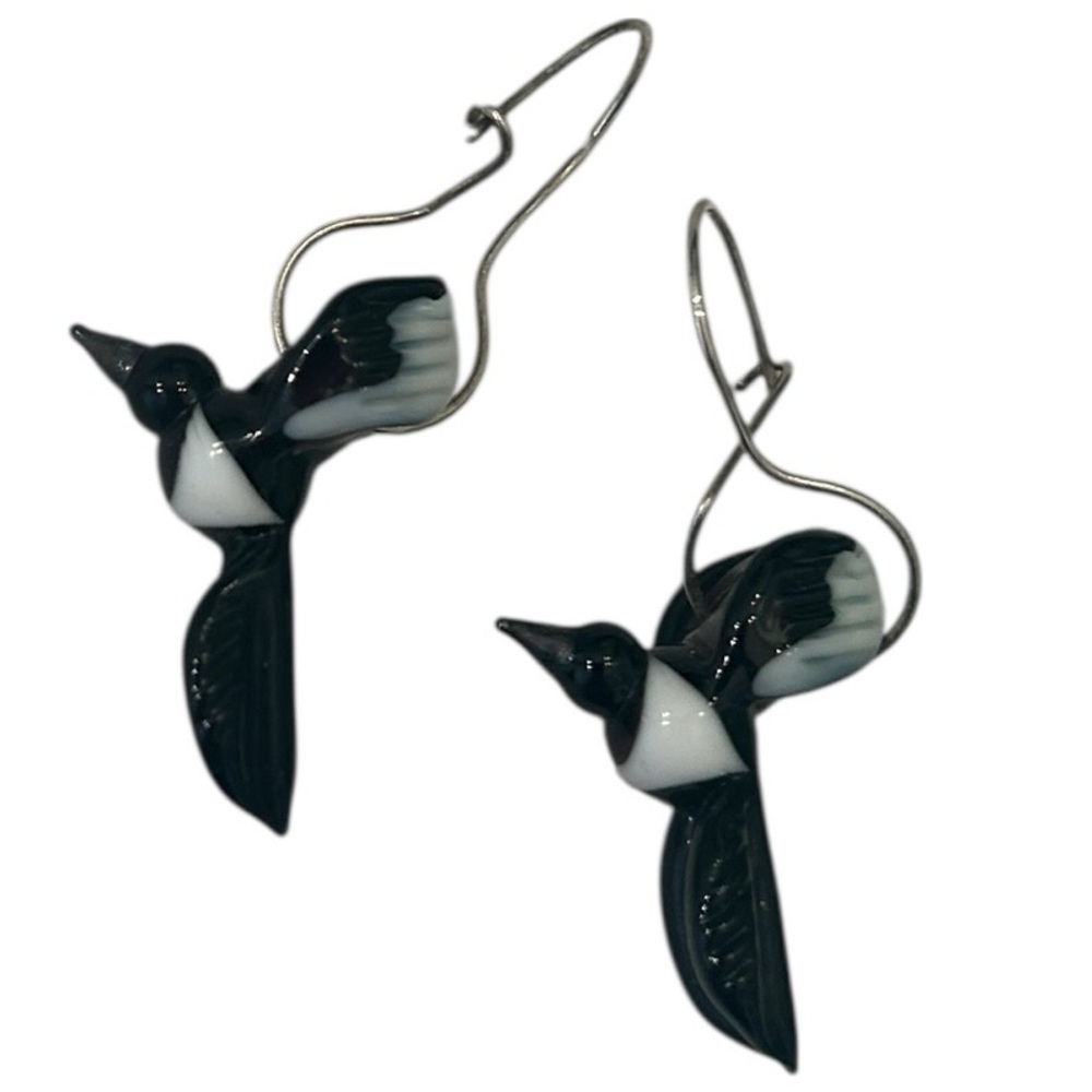 Artisan handmade Black & White glass Bird pierced Earrings